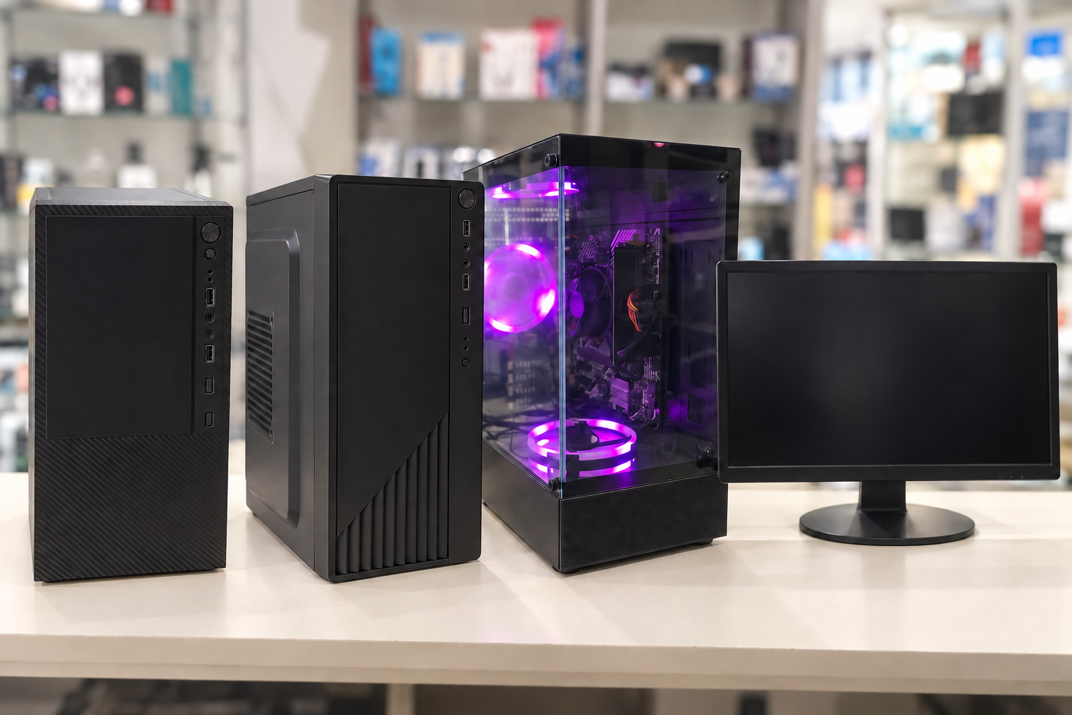 Montagem de desktops, PC gamer e monitor fotografados na loja Matrix
